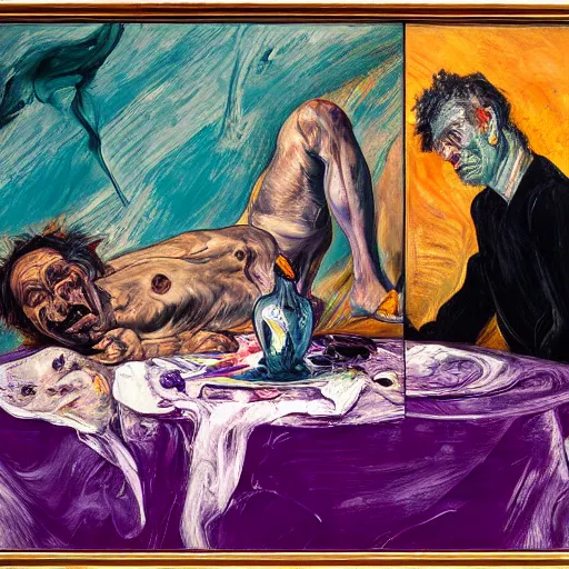 Image similar to high quality high detail expressionist painting of a man in agony by lucian freud and jenny saville and francis bacon and francisco goya and edvard munch, hd, anxiety, seated at table crying and screaming, turquoise and purple and orange and pink
