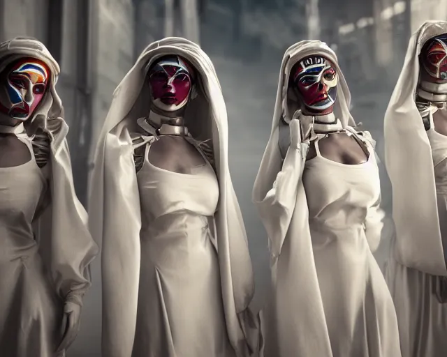 Image similar to a film still of three synthetic female human oracles wrapped in white cloth, beautiful, tribal facepaint, neotokyo, cinematic lighting, high resolution, 4 k