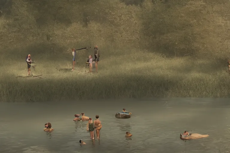 Image similar to shooting a music video on a riverbank, four people are wading in the water, intricate, highly detailed, cinematic, time lapse, uhd 8k, digital art trending on artstation