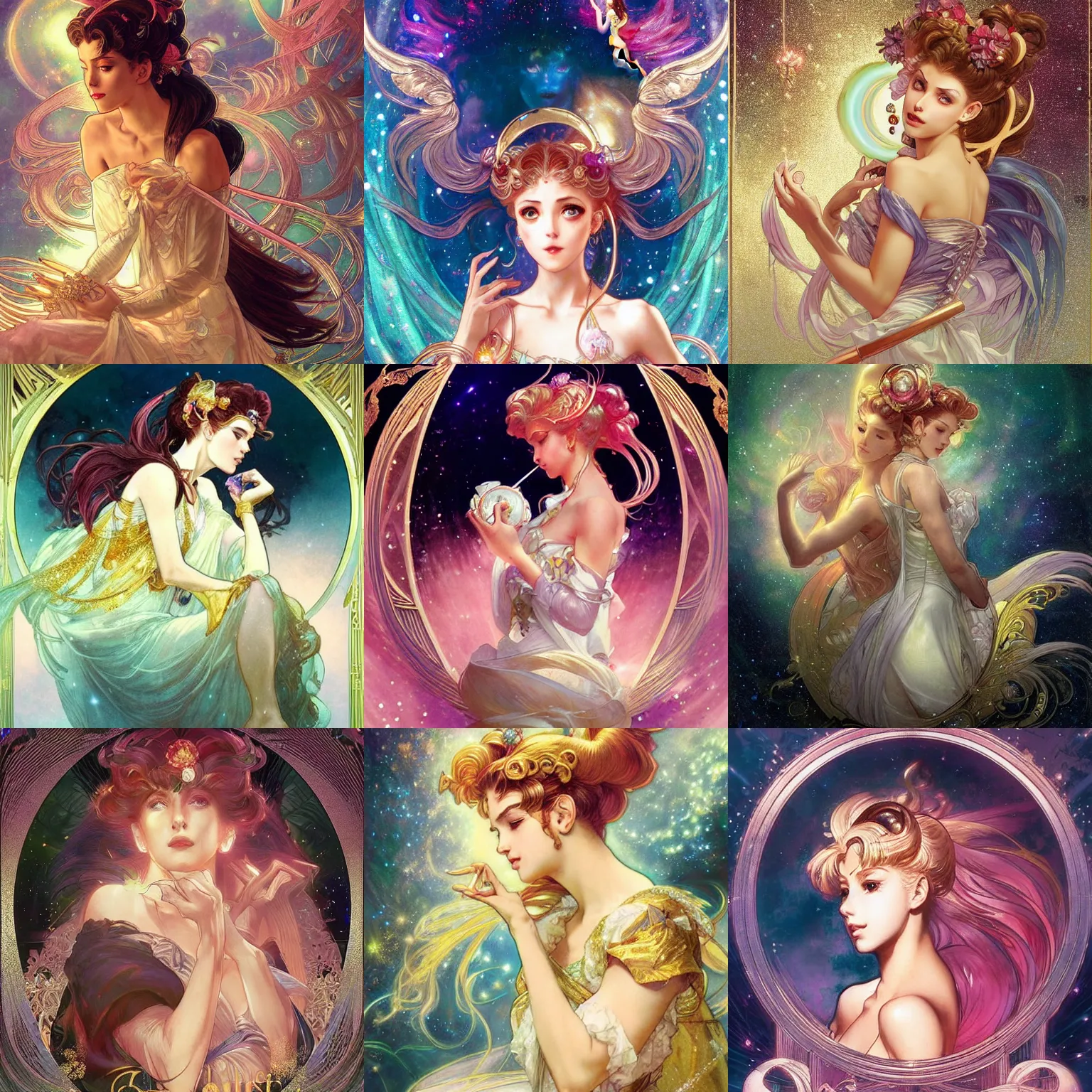 Prompt: a dramatic beautiful breathtaking artwork glowing in sparkles with heavenly notes Neo Rococo highly detailed sailor moon aesthetic matte sharp focus Artgerm and Greg Rutkowski and Alphonse Mucha, In the style of Sailor Moon