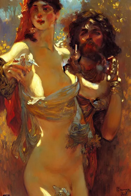 Image similar to 2 attracting male, painting by gaston bussiere, craig mullins, greg rutkowski, alphonse mucha