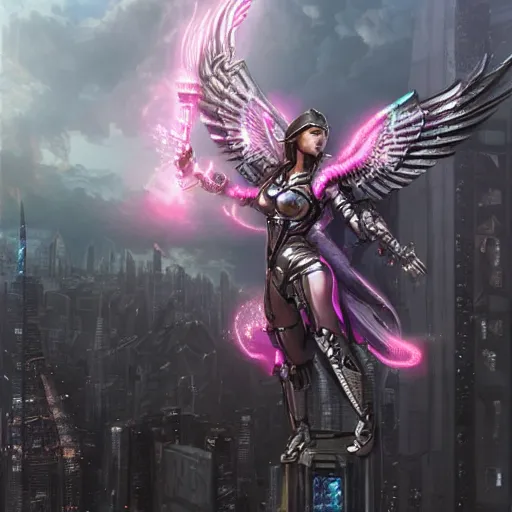 Prompt: woman valkyrie with pink metal wings, celtic and cyberpunk armor, cityscape, flying, high detail, sharp focus, silver cyber armor, rt by artgerm and greg rutkowski, digital painting, smooth render, unreal engine 5,