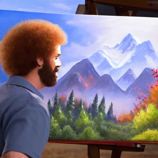 Image similar to a closeup photorealistic photograph of bob ross working on a canvas painting of deadpool. film still. brightly lit scene. mountains and trees. this 4 k hd image is trending on artstation, featured on behance, well - rendered, extra crisp, features intricate detail, epic composition and the style of unreal engine.