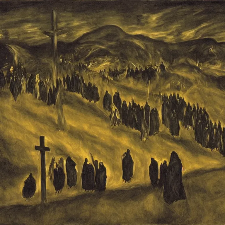 Image similar to A Holy Week procession of grim reapers in a lush Spanish landscape at night. A hooded figure at the front holds a cross. El Greco, Carl Gustav Carus, Edward Hopper.