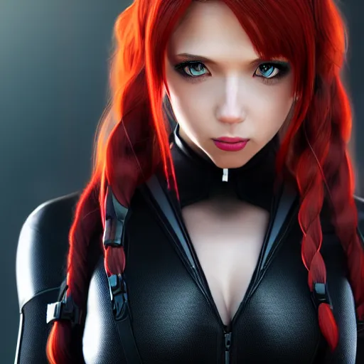 Prompt: black widow render as a very beautiful 3d anime girl, hot petite, long braided hair, hazel eyes, full round face, short smile, cinematic lightning, medium shot, mid-shot, highly detailed, trending on Artstation, Unreal Engine 4k, cinematic wallpaper