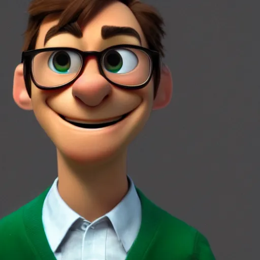 Image similar to close up portrait of a nerd guy happily announce new video, Pixar's Up character, 3D render,youtube thumbnail,flat green screen background,high resolution, high quality, detailed, zootopia, cgsociety,artstation, deviantart