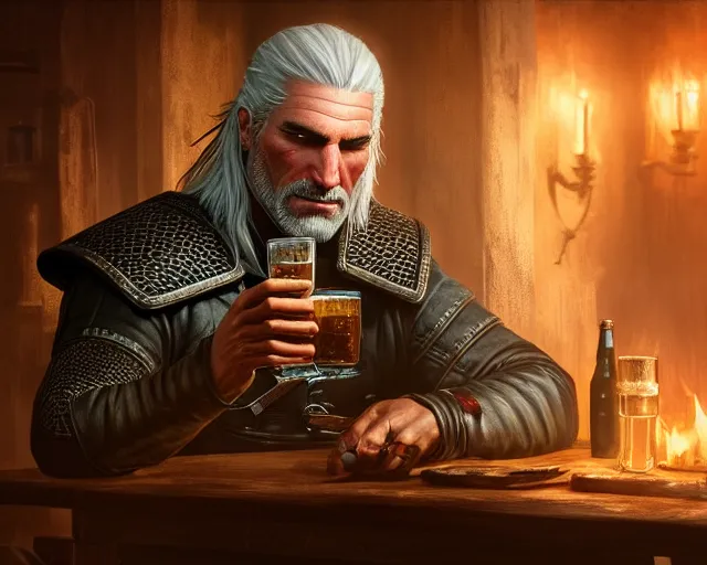 Prompt: 5 5 mm portrait photo of geralt drinking a beer. magical atmosphere. art by greg rutkowski. highly detailed 8 k. intricate. lifelike. soft light. nikon d 8 5 0.