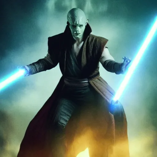 Image similar to evil mutant corrupted rey, using the force to kill, sith lord, dark side, cinematic movie image, both hands raised to use the force, yellow eyes, hd star wars photo