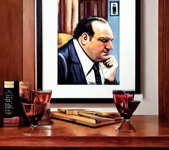 Prompt: framed portrait painting of tony soprano sitting at a mafia table