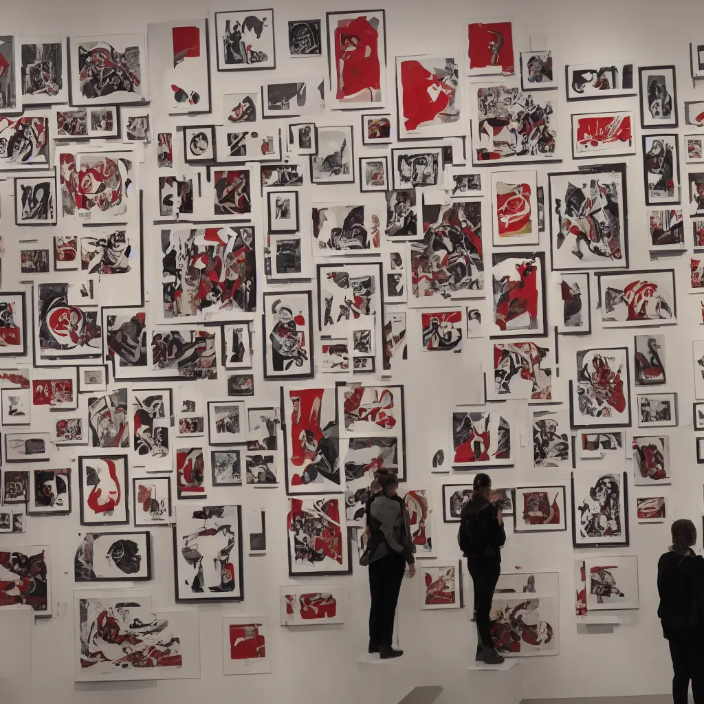 Prompt: a photo of an art exhibition filled with communist propaganda