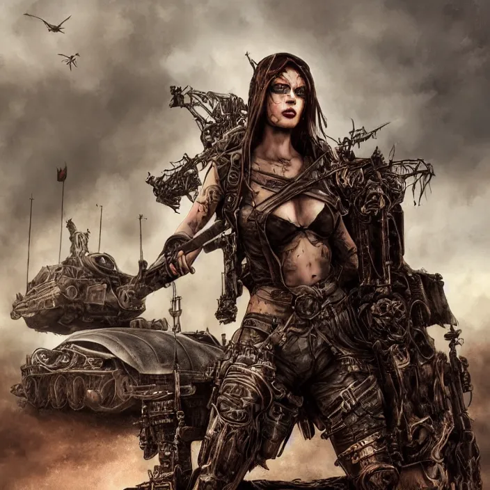 Image similar to beautiful apocalyptic woman in hood, standing on mad max panzer tank, hyper-detailed, smooth, sharp focus, 4k ultra hd, fantasy dark art, tank girl, artgerm, artstation, octane render, elegant, detailed digital painting, apocalyptic art