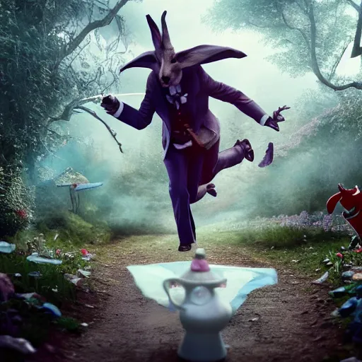 Image similar to tom cruise as Alice in Wonderland chasing the white rabbit, hyperrealistic, highly detailed, depth of field, High definition, 8k, octane render, artstation