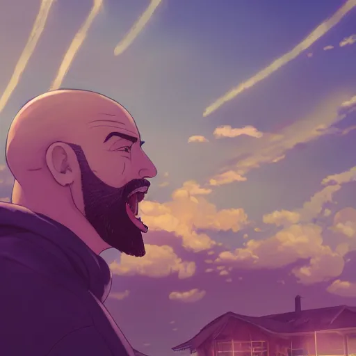 Image similar to a bearded man with shaved head screaming at a soccer ball, golden hour, dreamy, beautiful clouds, ultra detailed beautiful lighting, birds, light rays, wallpaper, suburbs, beautiful artwork by Makoto Shinkai,
