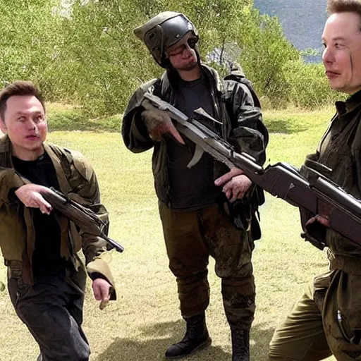 Prompt: elon musk with a military outfit holding an MP-40 shooting zombies