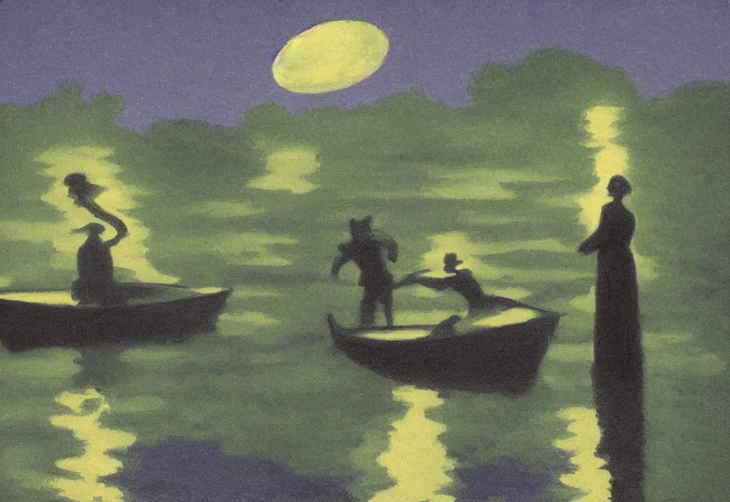 Image similar to silhouetted figures in the night enshrouded in an impressionist representation of Mother Nature and the meaning of life by Edward Hopper and Igor Scherbakov, the figures cast their shadows on the still water, abstract colorful lake garden at night, the moon reflects in the water, thick visible brush strokes, figure painting by Anthony Cudahy and Rae Klein, vintage postcard illustration, a masterpiece of a grand scene