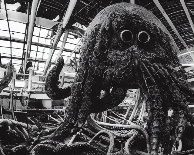 Image similar to camera footage of a extremely aggressive Giant mutated Octopus with glowing white eyes in an abandoned shopping mall, Psychic Mind flayer, Terrifying :7 , high exposure, dark, monochrome, camera, grainy, CCTV, security camera footage, timestamp, zoomed in, Feral, fish-eye lens, Fast, Radiation Mutated, Nightmare Fuel, Wolf, Evil, Bite, Motion Blur, horrifying, lunging at camera :4 bloody dead body, blood on floors, windows and walls :5