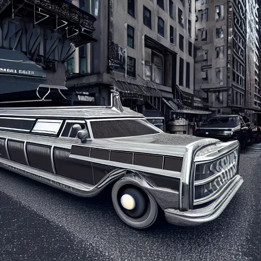 Image similar to A futuristic 50's style hearse on a manhattan street, beautiful, detailed, intricate, insanely detailed, 3D render digital art, octane render, 8K, photorealistic digital art, realistic volumetric lighting