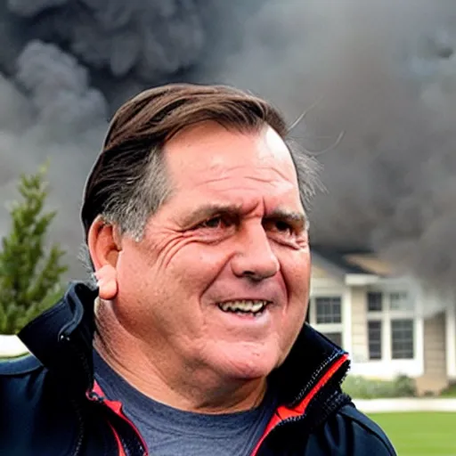 Image similar to a photo of a house burning down in the background and coach belichick with an blank expression in the foreground, strong depth of field