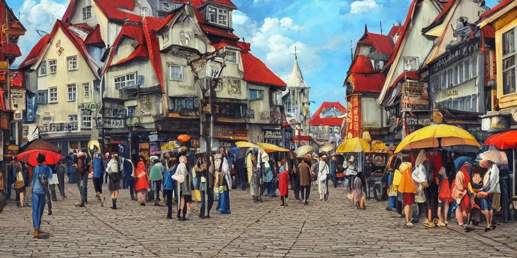 Prompt: Highly detailed oil painting of street life in stavanger by noon, strong atmosphere, oil painting masterpiece by Studio ghibli, symmetry, fractals