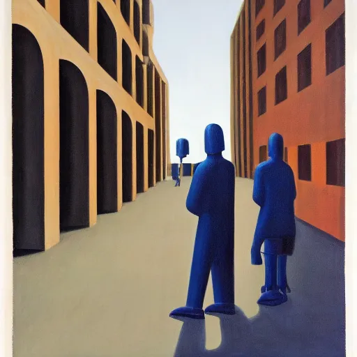 Image similar to drab human pedestrians, guarded by fascist robot overlords, brutalist city street, dystopian, pj crook, edward hopper, oil on canvas