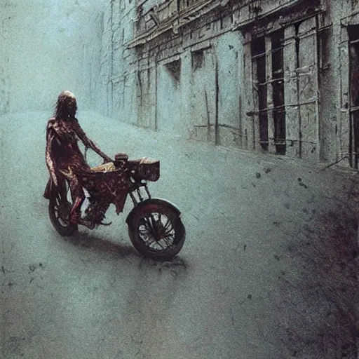 Prompt: epic wizard riding motorcycle through zombie infested apocalyptic city, highly detailed beksinski art