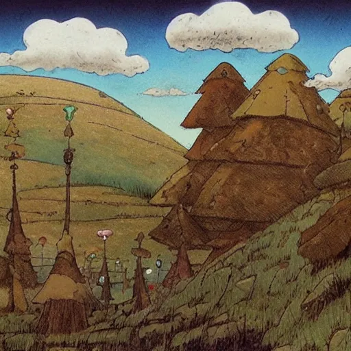 Prompt: a dreamy landscape by Hayao Miyazaki, medieval weapons raining from the sky