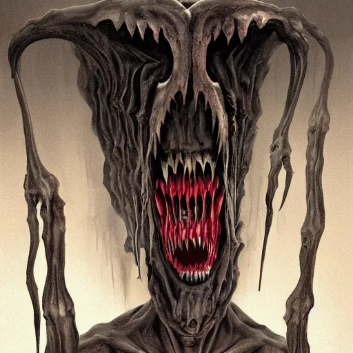 Prompt: scary painting of the horrific tall man with a big mouth full of teeth, exiting from a wardrobe, lightning from a window at the moonlight, bedroom, horror, spooky, paranormal monster, mystery, photorealism, dramatic lighting, by wayne barlowe, children's book, illustration, trending on artstation