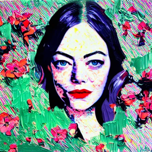 Image similar to detailed oil painting of emma stone in detail with flowers by james jean, by andy warhol