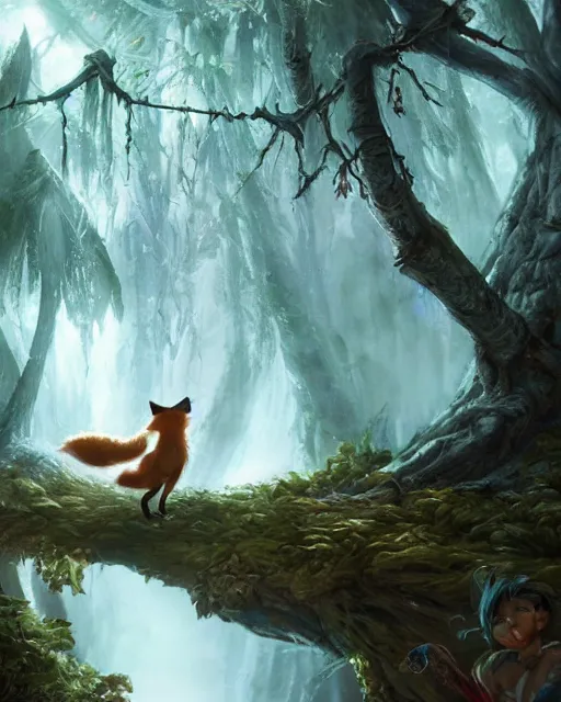 Prompt: Fox, Anthropomorphized, playing lyre in magical forest, magic the gathering artwork, D&D, fantasy, cinematic lighting, centered, symmetrical, highly detailed, digital painting, artstation, concept art, smooth, sharp focus, illustration, volumetric lighting, epic Composition, 8k, art by Akihiko Yoshida and Greg Rutkowski and Craig Mullins, heroic pose, oil painting, cgsociety