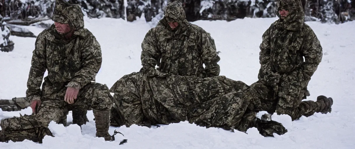 Image similar to filmic closeup semi symmetrical dutch angle movie still 4k UHD 35mm film color photograph of a man wearing military camo kneeling in the snow trying to hold in his internal organs that are spilling out after being eviscerated, his wound is gushing blood onto the snow at night time, dimly lit antarctica