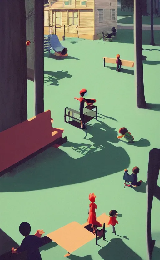 Image similar to children playground, surreal illustration, by atey ghailan and escher and edward hopper