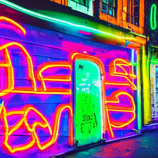 Prompt: a neon colored graffiti sign for a canal boat saying why wait?, punk graffiti