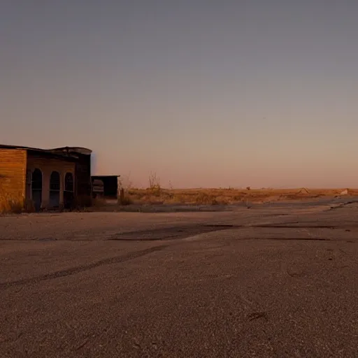 Prompt: a still of a deserted ghost town. Magic hour.