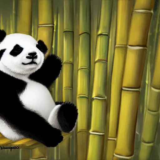 Prompt: A baby panda sleeping in a bamboo forest, highly detailed body ,it is raining, night time , peaceful atmosphere, moody lighting , digital art , highly detailed , high contrast, beautiful lighting, award winning , trending on art station, photorealistic, 8k