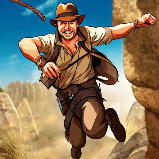 Prompt: Indiana Jones being chased by a boulder trap underground, boulder chase, inside ancient stone temple background, Indiana Jones running away from big round stone, raiders of the lost ark, detailed background, anime key visual