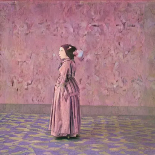 Prompt: a lonely girl in an empty room, colored daguerreotype, by Mackintosh, by Klimt, art noveau, Wallpaper by Ernst Haeckel, eerie, liminal, bright pastel colors,