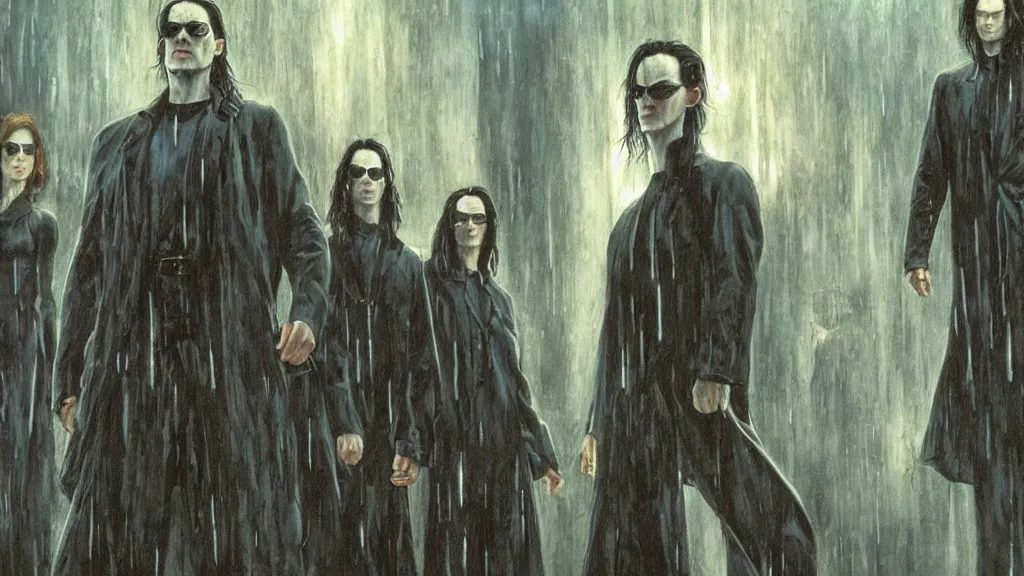 Image similar to an oil painting in the style of alan lee depicting the movie the matrix ( 1 9 9 9 )