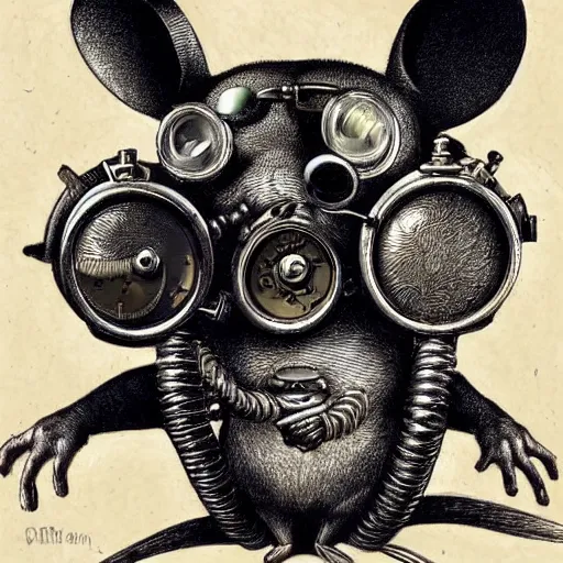 Image similar to a rat with steampunk googles, by HR Giger