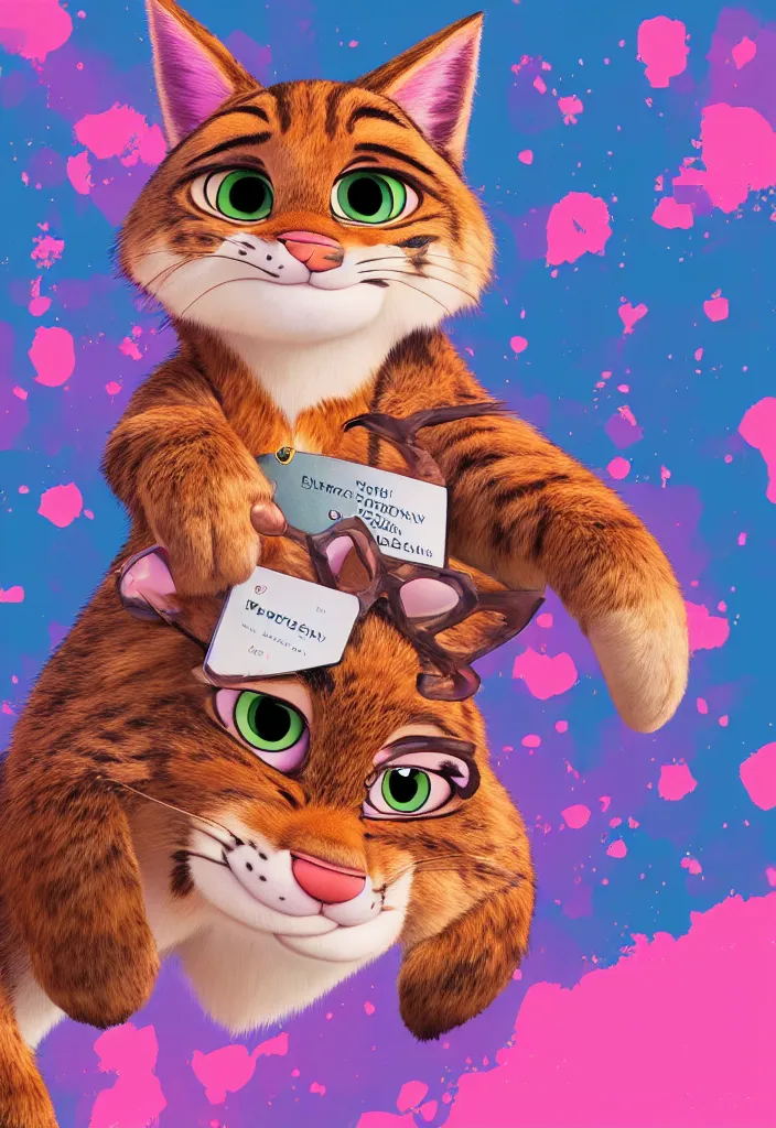 Image similar to portrait of tabby cat in the style of the movie zootopia wearing a pink tuxedo, 4k, digital art, award winning