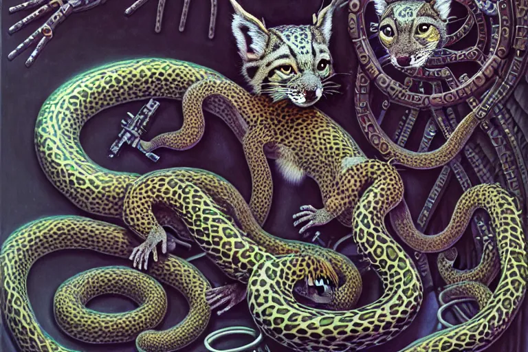Prompt: a detailed painting of a cyberpunk magick ferret with occult futuristic effigy beautiful lynx fur that is a adorable leopard atomic latent snakes in between cybernetic ferret biomorphic of a molecular hallucinations in the style of escher, alex grey, stephen gammell inspired by realism, symbolism, magical realism and dark fantasy, crisp, vivid,