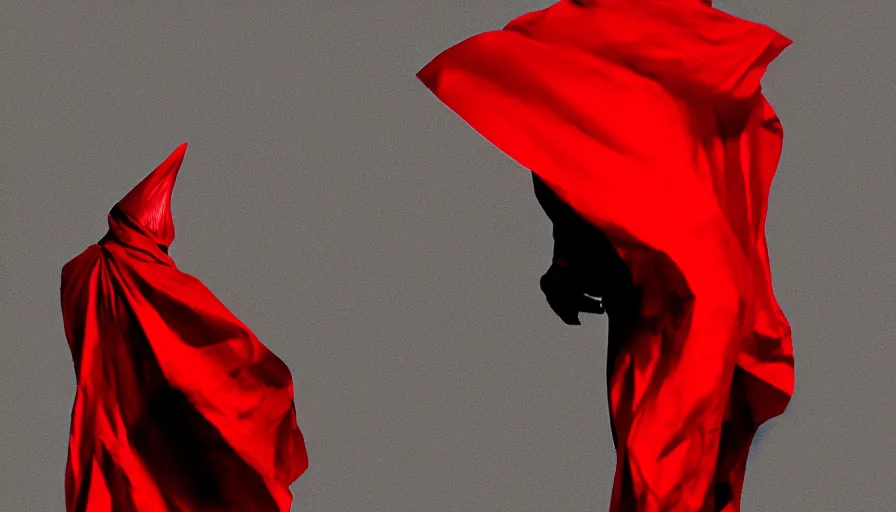 Image similar to enigmatic figure wrapped in red sheet in darkness, high contrast, hard light, digital art, rendering, cloth simulation, redshift