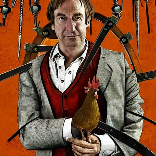 Prompt: saul goodman and a rooster in a medieval torture chamber, saw blades and knives in the background, horror movie, saul goodman, rooster, real life photo, detailed face