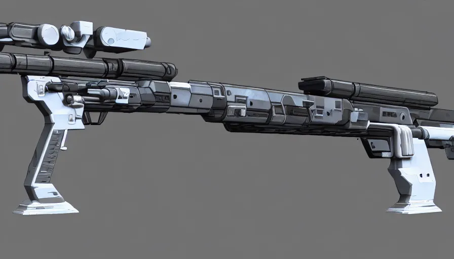 Image similar to extremely detailed realistic side view of a sci fi laser machine gun, detailed trigger, chemically propelled, pattery powered, smooth streamline, battery and wires, railgun, tribarrel, gauss, elegant sleek smooth body, white paint, smooth utopian design, ultra high quality, minimalist, octane, cod, destiny, warframe, terminator