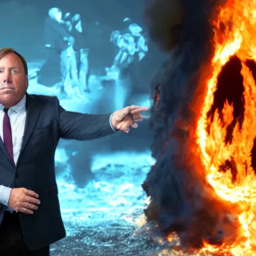 Prompt: alex Jones standing at the gates of hell while on fire, highly detailed