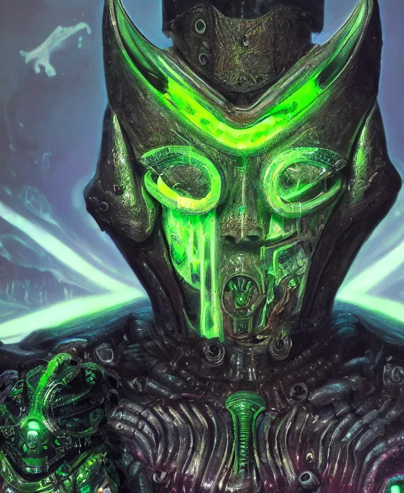 Image similar to a detailed portrait of an evil armoured cyborg alien with glowing green eyes and a crown of jade and topaz crystals by Wayne Barlowe, 4k resolution, photorealistic