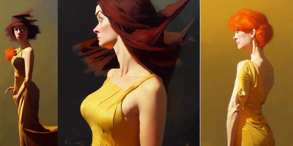 Image similar to a painting of a woman in a golden dress, an art deco painting by Craig Davison, featured on cgsociety, fantasy art, pre-raphaelite, rococo, reimagined by industrial light and magic