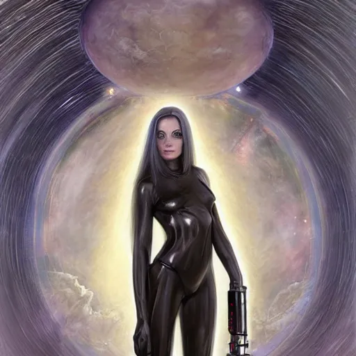 Image similar to pleiadian woman with big eyes and long silver hair wearing a dark body suit and holding a plasma gun as a realistic sci fi character, portrait art by donato giancola and greg rutkowski, digital art, trending on artstation, standing in a barren field, silver hair