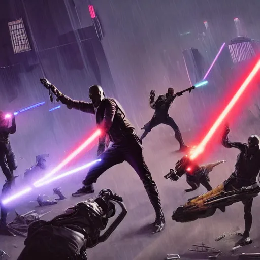 Image similar to mace windu holding a lightsaber fighting a group of dinosaurs in a destroyed cyberpunk city with lasers flying through the air by greg rutkowski