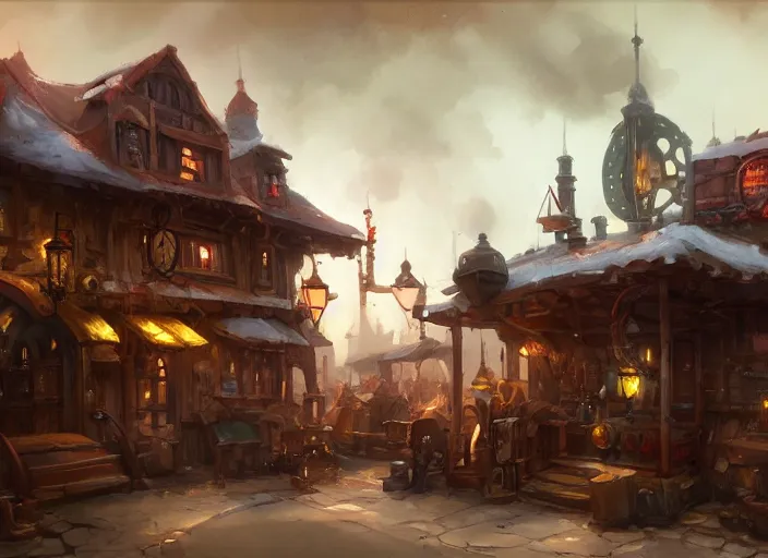 Image similar to A gnomish steampunk tavern, by Greg Rutkowski and James Gurney, trending on Artstation