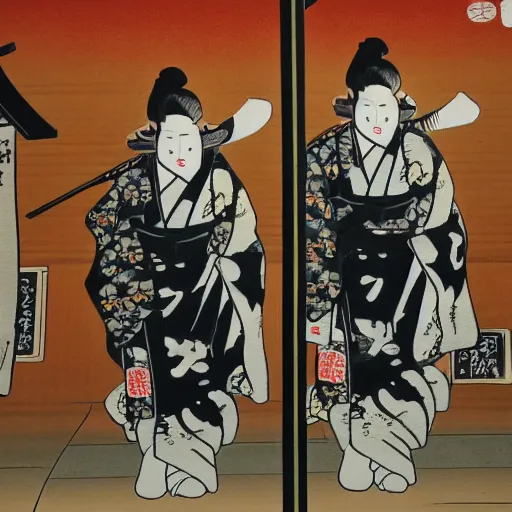 Image similar to real photo of a pair of japanese oni walking in kyoto, high detail,